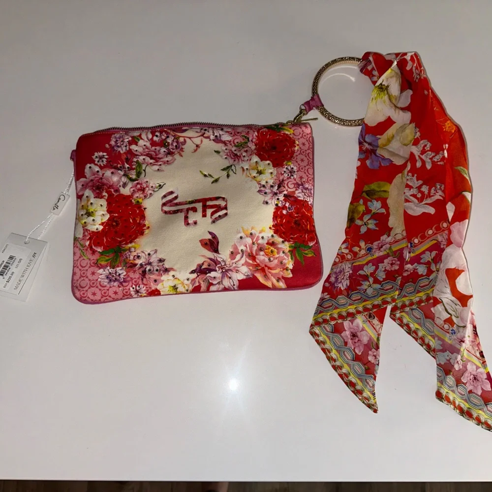 CAMILLA Kiss and Tell red pink floral silk scarf clutch bag purse